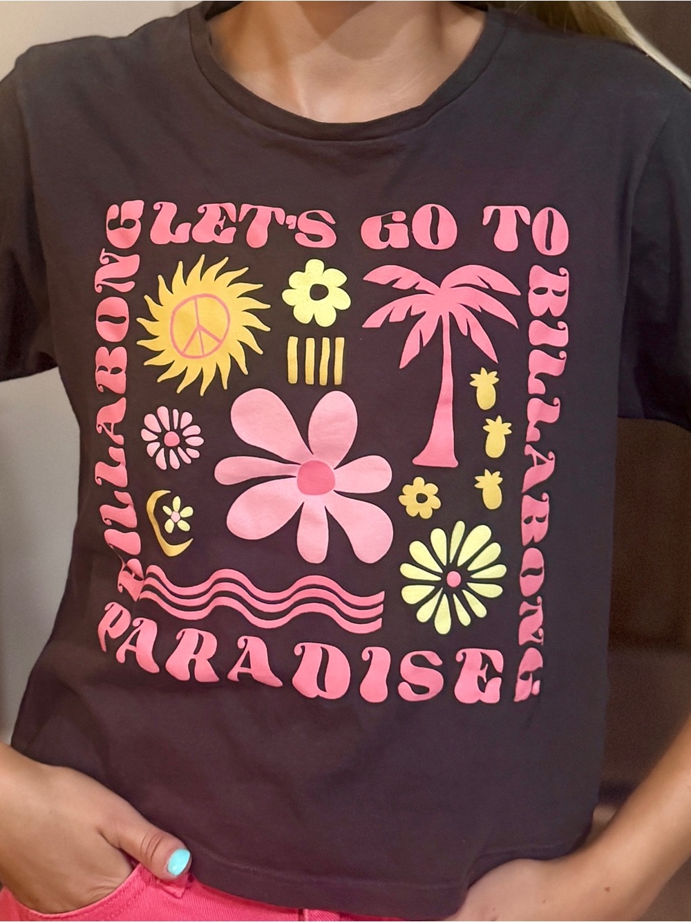 Billabong Black Tee with Pink & Yellow Tropical Graphic